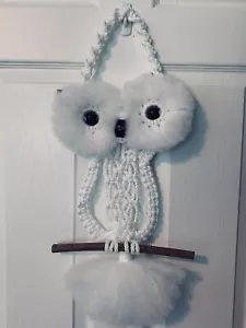 Owl Wall Hanging Decor Macrame Handmade Bird Bohemian Boho White & Wood 23in NEW - Picture 1 of 15
