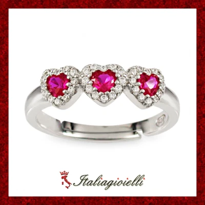 Splendido Anello Trilogy Cuori tipo Rubino in Argento 925 Rodiato Oro Bianco - Immagine 1 di 3