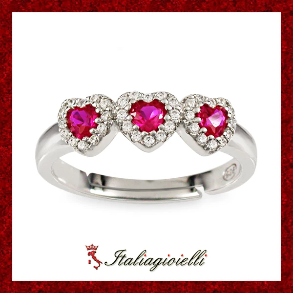 Splendido Anello Trilogy Cuori Rubino in Argento 925 Rodiato Oro Bianco - Immagine 1 di 3