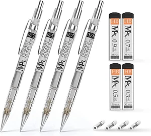 MozArt Mechanical Pencil Set, 4 Sizes: 0.3-0.9mm, 30 Lead, 4 Eraser, Clear - Picture 1 of 9