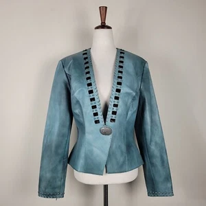Double D Ranch Jacket Small Turqouise Leather Concho Studs Western Whipstitch - Picture 1 of 16