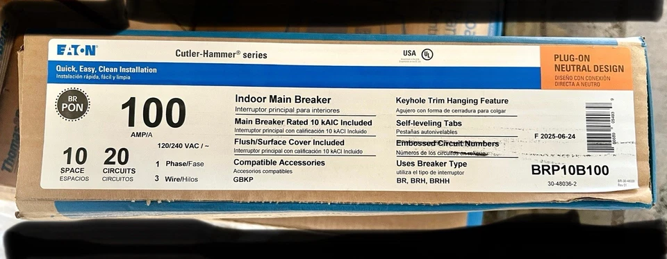 Eaton BRP10B100 Main Breaker Panel Type BR 100a 120/240vac 1ph