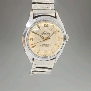 Vintage Lathin 17 Jewels Automatic Watch Pie Pan Dial Raised Gold Number Markers - Picture 1 of 4