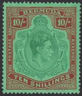 Bermuda 1938 KGVI 10sh Green + Deep Lake on Pale Emerald p14 Mint SG119 cat £325