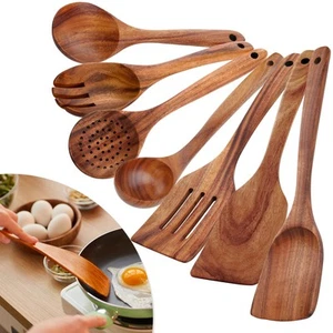 7pcs Wooden Spoons for Cooking Set, Wooden Utensil Set with Hanging Hooks, Po... - Picture 1 of 7