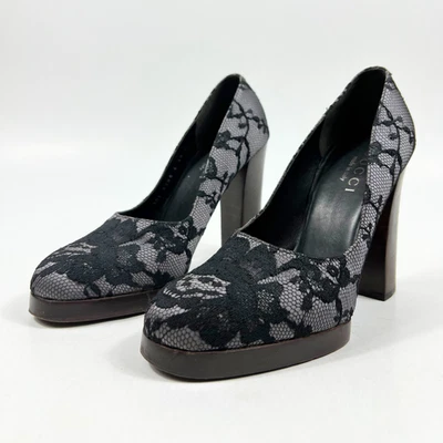 Женские черные кружевные каблуки Gucci размер 38 ЕС 8 США сделано в Италии дизайнерская роскошь - Изображение 1 из 4