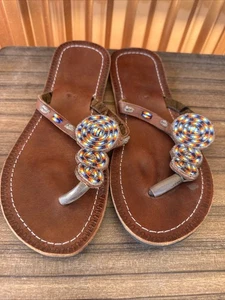 Damen Handgefertigte Perlen Sandalen Echtleder Native Boho Hippie Größe 41 US 10 - Bild 1 von 7