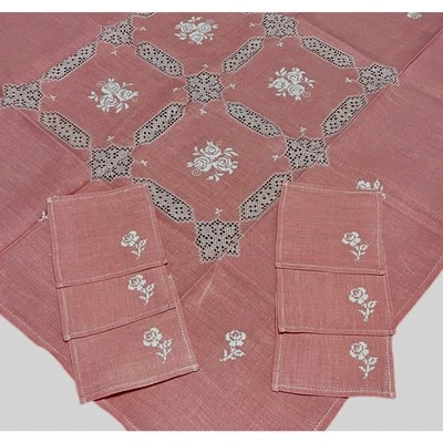 Vintage Linen Tablecloth & Cocktail Napkins Set Cross Stitch Roses Handmade - Image 1 of 4