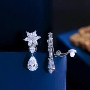 CZ Flower Drop Clips On Earrings Without Pierced Ear Clip Bridal Wedding Jewelry - Picture 1 of 7