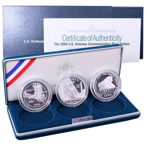1994 P US Veterans Proof Commemorative 90% Silver Dollars 3 US Coin OGP Set Cover