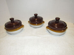 Set of 3 Vintage French Onion Soup Crocks Handles Bowls with Lids Brown/White