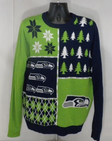 Seattle Seahawks Ugly Christmas Sweater XL Blue Neon Green Knit Xmas NFL Team Cover