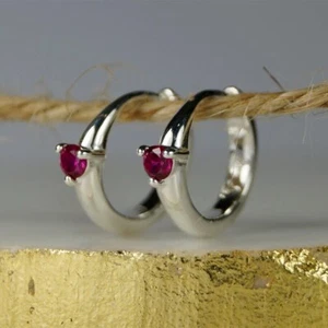 1 Carat Round Cut Natural Ruby Huggie Hoop Earrings in White Gold Plated Silver - Picture 1 of 6