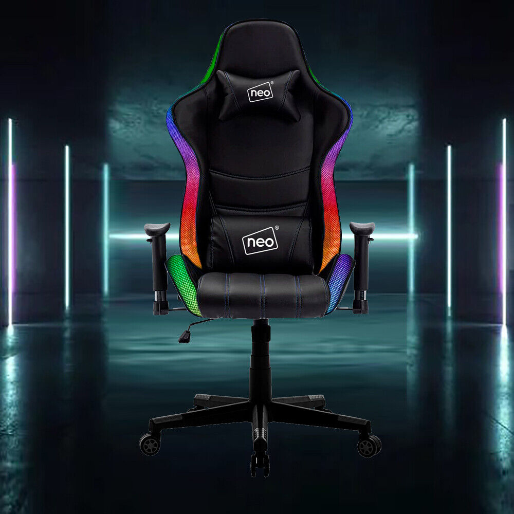 Neo LED Lights Racing Gaming Computer Office Swivel Recliner Leather Chair