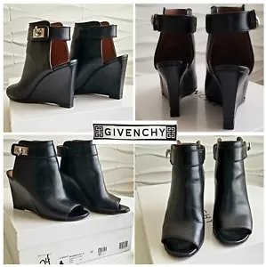 Givenchy Black Leather Shark Peep-Toe Wedge Sandals Booties size 7, $1450 if new - Picture 1 of 10