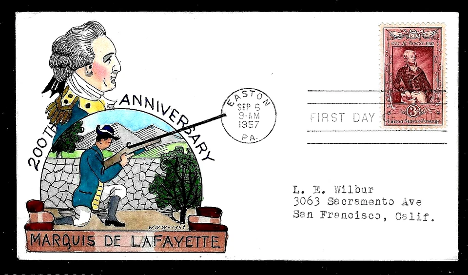 1097 3c Stamp (1957) THE MARQUIS DE LA FAYETTE FDC HD/HP BY WILLIAM WRIGHT - Image 1 of 1