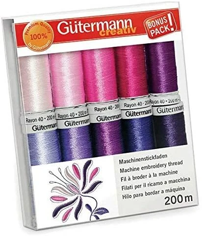 Gutermann Ebroidery Thread Box Set Rayon 40: 200m Pack of 10 - Pinks/Purples  - Image 1 of 1
