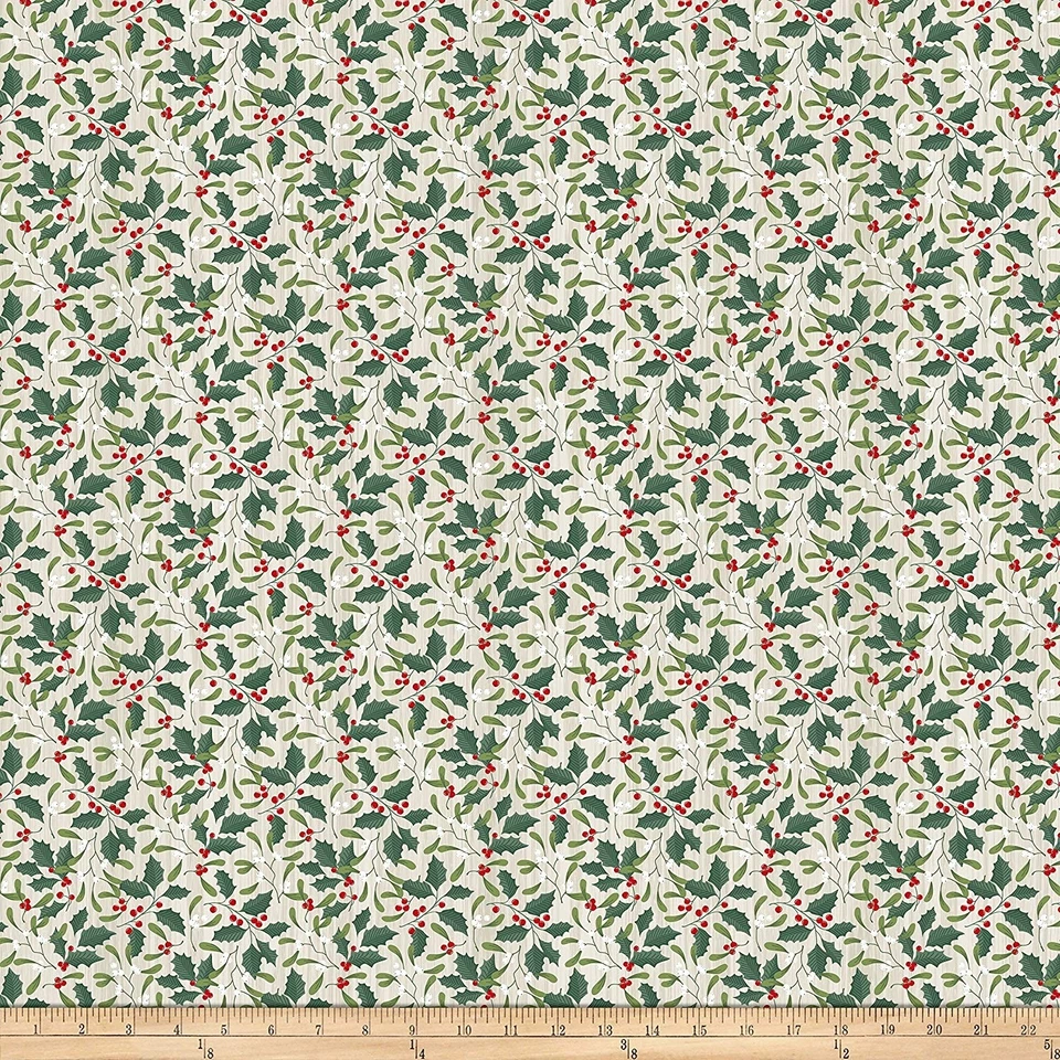 Swedish Christmas Fabric - Holly Leaf & Berry Light Gray - Northcott YARD - Image 1 of 1