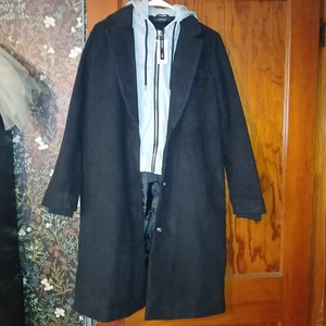 Paper Tee Womens Double Layered Coat Black Trench Over Gray Zip Up Urban SZ S - Picture 1 of 8