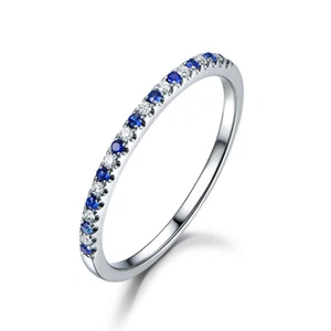 Stackable Pave Sapphire Diamonds Wedding Band Engagement Ring 14K White Gold - Picture 1 of 4