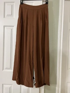 SIZE 0 NWT  $298 EILEEN FISHER  NUTMEG SILK GEORGETTE CREPE WIDE LEG PANT - Picture 1 of 12