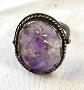 CHINESE VINTAGE ANTIQUE STERLING SILVER  CARVED AMETHYST RING SIZE 7