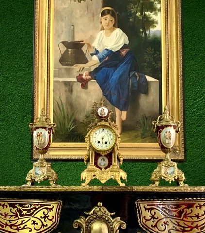 Clock Mantle 3 Pieces Brass Porcelain Antique Victorian Style Classic Decor Cover