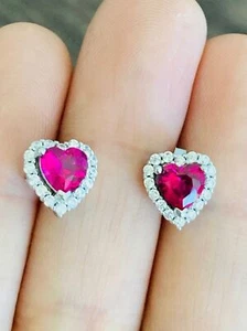 925 sterling silver ruby heart stud earrings - Picture 1 of 5