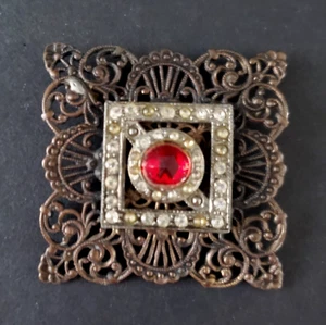Vintage Fillagree Belt Sash Buckle White, Red Rhinestones 1 3/4"X1 3/4" - Picture 1 of 4