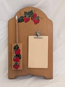 Vintage Handmade Wooden Strawberry Memo Board with Paper and Pencil  Cottagecore - Picture 1 of 12