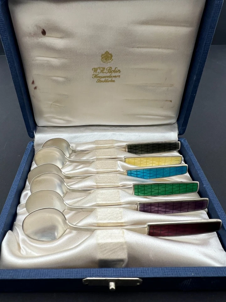 Juego de 6 cucharas esmaltadas en plata Suecia años 50 Foto 1 de 4