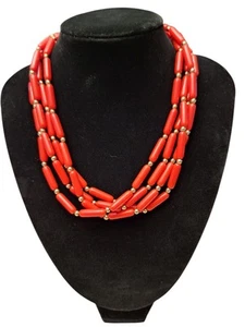 Ladies Necklace  Multistrand Oblong Red Beads With Gold Beads 18" - Picture 1 of 9