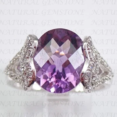 Alianza enchapada en oro blanco de 18 quilates de amatista natural y diamantes de corte ovalado de 8,50 quilates Foto 1 de 4