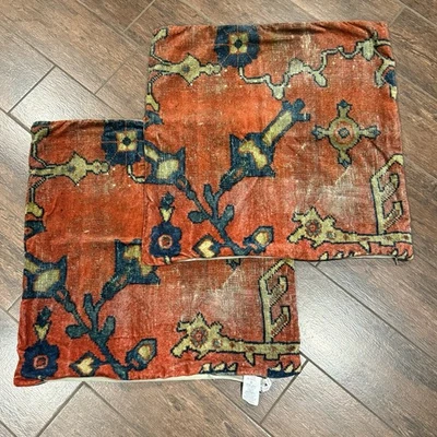 2 Pottery Barn Dara Velvet Pillow Cover Red Blue Persian Distressed Boho 22x22” - Image 1 of 3