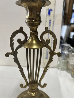 Antique Brass Candle Holder Lyre Harp Angel Putti Art Deco Nouveau Vintage Rare - Image 1 of 3