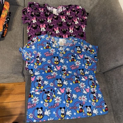 2- Women’s Disney Mickey & Minnie Mouse V Neck Scrub Top Size Medium - Image 1 of 4