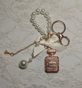 New Perfume Bottle Glam Bling GOLD Rhinestone & Pearls Keychain Key Ring - Picture 1 of 5