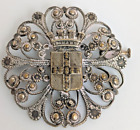 Vintage French Filigree Coat of Arms Dinard Brooch Trombone Clasp Ca. 1940's