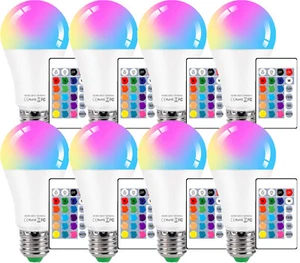 8 Pack A19 LED Light Bulbs 9W RGBW Remote Control 16 Color Dimmable E26 900LM - Picture 1 of 8