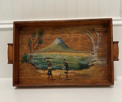 Vtg 12" Handmade & Painted Wooden Tray Tiki Bar Vibes Volcano Palm Trees Island - Image 1 of 4