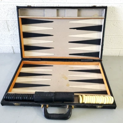 Large Vintage Backgammon Set With Bakelite Chips in Hard Case Black White Chips - Image 1 of 4