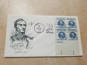 Jose de San Martin 4 Cent First day Of Issue Blue Block of 4 Feb. 25, 1959 #1125 - Picture 1 of 4