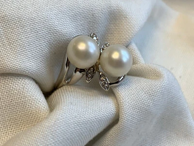 Anillo de perlas de oro blanco de 14K 3,12 g joyería fina tamaño 5 banda redondas piedras transparentes Foto 1 de 4