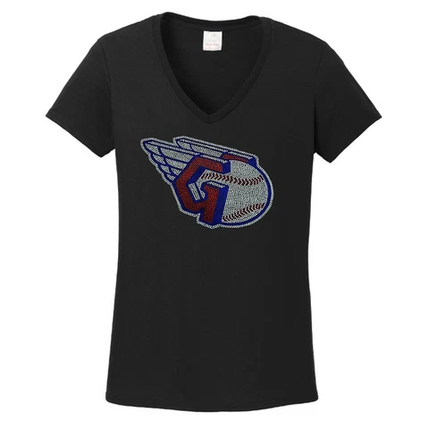Women's Cleveland Guardians Rhinestone baseball  V-neck T-Shirt Tee Bling Lady Cover