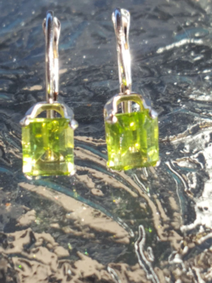 Peridot Labcreated Octagon Cut Leverback Earrings 14kt Solid White Gold  - Image 1 of 4