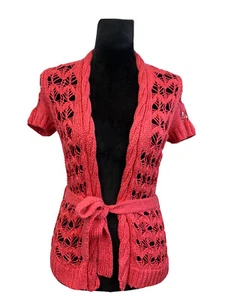 Bebe Size M Pink Open Crochet Knit Short Sleeve Cardigan - Picture 1 of 9