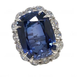 Large Cushion Simulated Sapphire Diamond Ring 14k White Gold Art Cocktail Silver - Picture 1 of 12