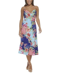 Guess Womens Floral Sweetheart MIDI Dress, Blue Coral, sz 6 - Picture 1 of 4