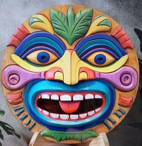 RETRO Colorido CARA TIKI 2D (plano) DECORACIÓN PARED MADERA REDONDA 20cm Nuevo Funky - Imagen 1 de 4