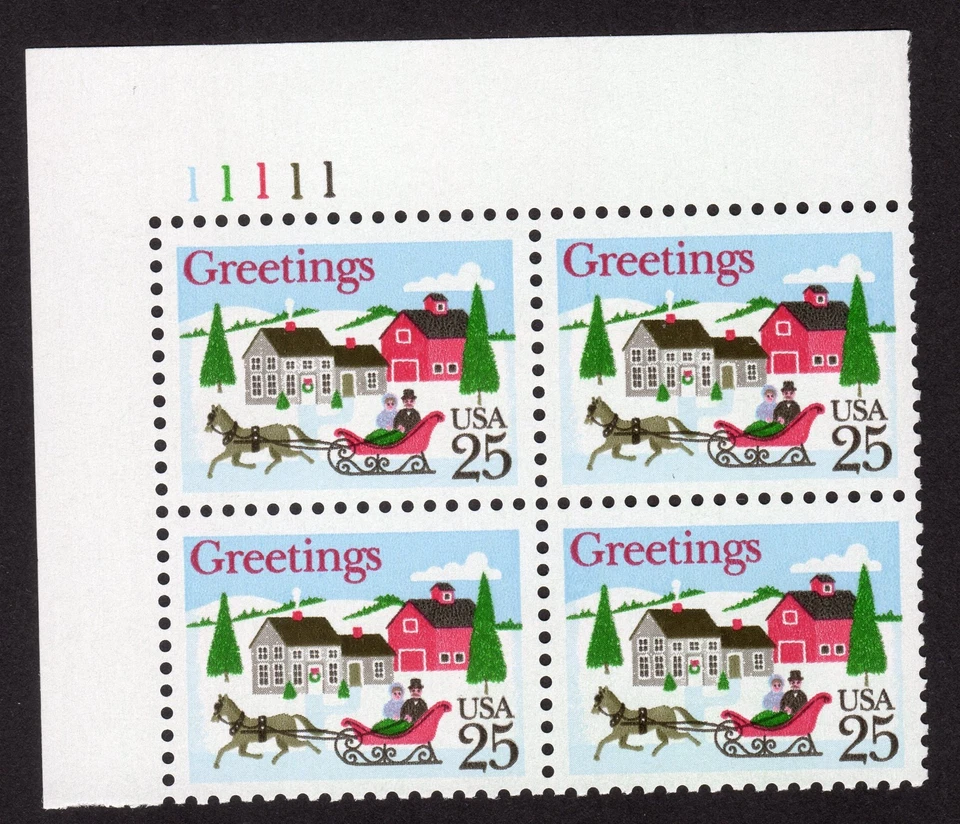 Scott #2400 Christmas Sleigh in Winter Scene Plate Block of 4 Stamps MNH UL Top - Image 1 of 1